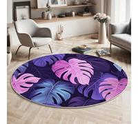 GDJSMIN 90Cm Round Area Rug,Monstera Leaf Pattern Floor Rug, Machine Washable Botanical Theme Carpet Floor Mat,Non Slip Soft Circle Carpet For Bedroom Living Room Home Decor,Blue-Purple