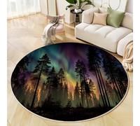 GDJSMIN 90Cm Round Area Rug,Northern Lights Pine Forest Floor Rug, Machine Washable Natural Landscape Forest Carpet Floor Mat,Non Slip Soft Circle Carpet For Bedroom Living Room Home Decor,Green