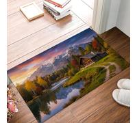 GDJSMIN Autumn Scenery Washable Door Mats Indoor - Wooden House Lake Mountain Non-Slippery Heavy Duty Front Door Mat - Absorbent Entrance Mat (Orange-Red, 80 x 120 cm)