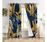 GDJSMIN Blackout Curtains, Ring Top Curtain, Abstract Tropical Plants Window Treatment Thermal Insulated Curtain,Yellow Mustard Leaves Curtains For Bedroom,W 46" X L 72",Navy Blue, 2 Panel Set