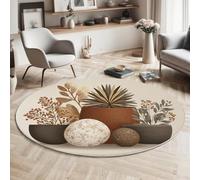 GDJSMIN Brown Rugs Living Room Round Large Rug,Non-Slip Carpet Rugs for Bedroom,3D Modern Still Life Style Washable Rug for Rooms (80cm,Ceramic Flower Pot Plant Design)