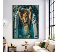 GDJSMIN Canvas Wall Art 70×100 Cm Home Decor Paintings For Living Room Decorations Gifts Hallway Oil Painting Style - Bathtub Lion Palm Leaf Design - Turquoise
