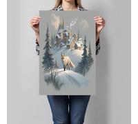GDJSMIN Canvas Wall Art,Winter Fairy Tale Wall Decor, Wooden House Pine Tree Fox Elements Canvas For Bedroom Farmhouse Living Room Bathroom Home Decoration 40×50 Cm,Light Brown,Unframed