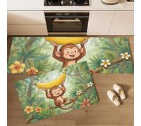GDJSMIN Cartoon Animals Kitchen Mat Sets Non Slip Washable, Cute Monkey Holding A Banana Kitchen Rugs Runner Set Of 2 Anti Fatigue Kitchens Floor Mat For Home Decoration (Green, 45×75Cm+45×150Cm)