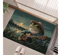 GDJSMIN Cartoon Frog Playing Guitar Entryway Rug Indoor Door Mat, Washable Low Pile Retro Illustrations Rug, Non-Slip Bedroom Carpet For Front Door Entrance Welcome Mat, 45 X 75 Cm, Dark Green