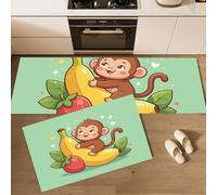 GDJSMIN Cartoon Monkey Holding A Banana Kitchen Rug Set 2 Piece Cute Animals Non Slip And Anti Fatigue Kitchen Mat, Light Green Washable Mats And Rugs For Hallway Runner Set,Home Decoration