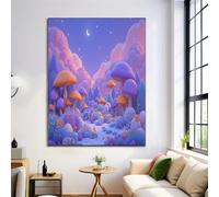 GDJSMIN Cartoon Style Wall Art Print, Crescent Moon Mushroom Cloud Patterns Wall Art Poster For Bedroom Living Room Decor, 50×70 Cm,Unframed Canvas Painting For Home Decorative,Purple