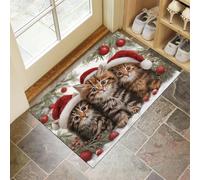GDJSMIN Christmas Hat Cute Kitten Door Mats Indoor - Non-Slip Outdoor Doormat Christmas Theme Boards Dirt Trapping Doormat, Low Profile Entrance Rugs For Back & Front Door, Patios - 60 X 90 cm, Red