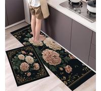 GDJSMIN Classic Floral Pattern Kitchen Mats - Pink Flowers Green Leaf Pattern Non Slip Washable Kitchen Rug Sets 2 Piece Pink For Hallway Laundry Room 45×75Cm+45×150Cm