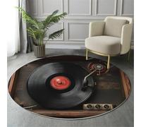 GDJSMIN Classic Music Theme Rugs Round Ø 180Cm Living Room Vintage Vinyl Records Non-Slip Area Rug Round Machine Washable Floor Carpet Short Pile Soft Circle Rug For Bedroom Nursery,Black