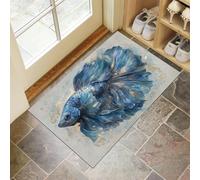 GDJSMIN Door Mat 45 X 75 cm - Realistic Illustration Machine Washable Mat Super Blue Fighting Fish Scene Soft Non Slip Doormat Indoor Outdoor Water Floor Mats Heavy Duty Entrance Rug,Indigo