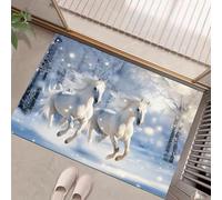 GDJSMIN Door Mat Indoor Outdoor 60 x 90 cm Snowfield White Horses Running Entrance Floor Mats, Winter Forest Landscape Non-Slip Doormats, Washable Dirt Trapper Low Profile Floor Rug for Front Door