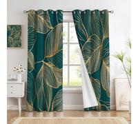 GDJSMIN Emerald Green Curtains,Modern Plant Leaf Pattern Thermal Insulated Blackout Curtain,Gold Foil Line Leaves Window Treatment Eyelet Curtains for Bedroom,W 66" x L 72", 2 Panels