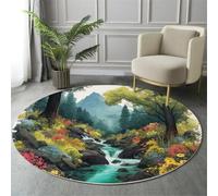 GDJSMIN Fantasy Landscape Painting Rugs Round Ø 160Cm Living Room Trees Flowers Illustration Non-Slip Area Rug Round Machine Washable Floor Carpet Short Pile Soft Circle Rug For Bedroom Nursery,Green