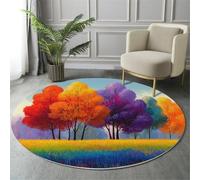 GDJSMIN Fantasy Natural Landscape Rugs Round Ø 90Cm Living Room Tall Poplar Trees Non-Slip Area Rug Round Machine Washable Floor Carpet Short Pile Soft Circle Rug For Bedroom Nursery, Orange Color