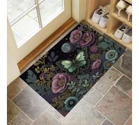 GDJSMIN Fantasy Plant Illustrations Door Mats Indoor Washable,Soft Thin Short Pile Green Butterflies Flowers Pattern Doormat Inside For Entryway Kitchen Entrance Floor Mat,Dark Emerald,50 X 80 cm