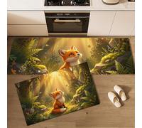 GDJSMIN Forest Animals Kitchen Mat, Non Slip Washable Kitchen Floor Rug,Sunshine Cute Little Fox, Soft Absorbent Mat For Kitchens Sink,45×75Cm+45×150Cm,Gold