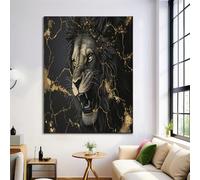 GDJSMIN Frameless Animal Angry Lion Wall Art Decor,Abstract Marble Crackle Painting Black Gold Canvas Wall Art for Bedroom Living Room Decor 70×100 cm