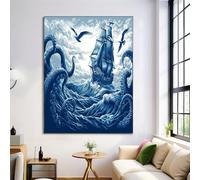 GDJSMIN Frameless Octopus Tentacles Sailing Ship Wall Art Decor,Retro Sculpted Style Dark Blue Canvas Wall Art For Bedroom Living Room Decor 80×120 Cm