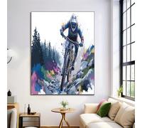 GDJSMIN Frameless Watercolor Mountain Biker Wall Art Decor,Graffiti Sports Theme White Canvas Wall Art For Bedroom Living Room Decor 50×70 Cm