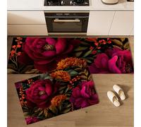GDJSMIN Gorgeous Wildflowers Kitchen Runner Set Of 2 Non Slip Machine Washable Red Roses Leaf Pattern Kitchen Rugs And Mats, 45×75Cm+45×150Cm