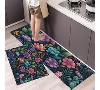 GDJSMIN Hand-Painted Flowers Kitchen Mats - Cartoon Flower Leaf Pattern Non Slip Washable Kitchen Rug Sets 2 Piece Purple For Hallway Laundry Room 40×60Cm+40×120Cm