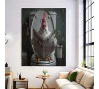 GDJSMIN Humorous Animal Wall Art Decor,White Chicken Sitting On The Toilet Reading The Newspaper Canvas Painting,60×90 Cm Poster Artwork For Wall Home Bathroom Bedroom Living Room, Unframed,White