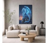 GDJSMIN Ice Blue Wall Art,Fantasy Animals Canvas Prints,Blue Dragon Starry Sky Cliff Posters Pictures for Bedroom Walls, Canvas Wall Art for Living Room Hallway,60×90 cm Unframed