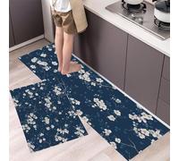 GDJSMIN Ink Painting Kitchen Mat, Non Slip Washable Kitchen Floor Rug,White Flower Scene, Soft Absorbent Mat For Kitchens Sink,50×80Cm+50×120Cm,Navy Blue