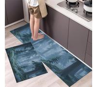 GDJSMIN Kitchen Rug,Ethereal Forest Scenery 2 Pieces Non Slip Kitchen Mat Sets,Tall Trees Washable Kitchen Floor Mat For Hallway(Blue-Green, 43×75Cm+43×150Cm (Rectangular))