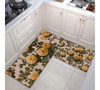 GDJSMIN Kitchen Rug Set 2 Piece,Country Style Non Slip Washable Kitchen Mat, Yellow Roses Green Leaf Pattern Home Decoration Floor Mats For Dining Room Corridors, 44×70Cm+44×120Cm