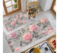 GDJSMIN Kitchen Rug Sets - Elegant And Romantic Style 2 Piece Kitchen Mats Non Slip Washable Kitchens Floor Mat Light Pink Pink Roses Gray Leaf Pattern For Laundry Room Hallway 43×75Cm+43×150Cm