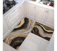 GDJSMIN Kitchen Rug Sets - Modern Geometric Shapes 2 Piece Kitchen Mats Non Slip Washable Kitchens Floor Mat Black Gold Luxurious Gold Foil Wave Pattern For Laundry Room Hallway 40×60Cm+40×120Cm