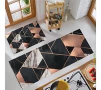 GDJSMIN Kitchen Rugs - 2 Piece Rose Gold Black Marble Tiles Kitchen Mats Set Non-Slip（50×80Cm+50×120Cm） Luxurious Geometric Pattern Doormat Washable Waterproof Mat For Indoor Outdoor Entry Floor