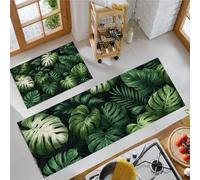 GDJSMIN Kitchen Runner Rug 2 Pieces,Monstera Leaf Texture Kitchen Mats With Nonslip Backed Tropical Plant Leaf Illustrations Carpet Rugs Soft & Machine Washable,44×70Cm+44×120Cm Emerald Green