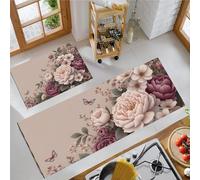GDJSMIN Kitchen Runner Rug 2 Pieces,Peonies Green Leaves Butterfly Elements Kitchen Mats With Nonslip Backed Classical Realism Carpet Rugs Soft & Machine Washable,45×75Cm+45×150Cm Purple
