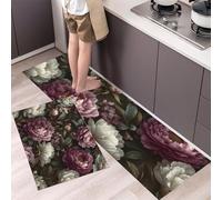 GDJSMIN Kitchen Runner Rug 2 Pieces,With Peony Green Leaf Patterns Kitchen Mats With Nonslip Backed Realistic Floral Design Carpet Rugs Soft & Machine Washable,44×70Cm+44×120Cm Purple