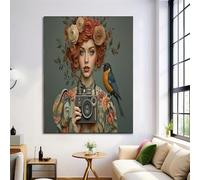 GDJSMIN Large Artistic Style Red-Haired Woman Rose Design Poster Canvas Painting For Living Room Wall Art Pictures Home Decorative 60×80 cm Frameless,Light Green