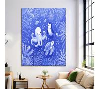 GDJSMIN Light Blue Wall Art,Cartoon Underwater Scene Canvas Prints,Octopus Penguin Turtle Elements Posters Pictures For Bedroom Walls, Canvas Wall Art For Living Room Hallway,60×80 Cm Unframed