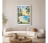 GDJSMIN Light Blue Wall Art,Window View Illustration Canvas Prints,Tropical Beaches Coconut Groves Posters Pictures For Bedroom Walls, Canvas Wall Art For Living Room Hallway,40×60 Cm Unframed
