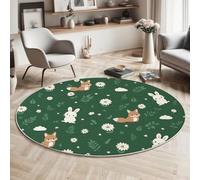 GDJSMIN Light Green Rugs Living Room Round Large Rug,Non-Slip Carpet Rugs for Bedroom,3D Cartoon Style With Cute Fox Rabbit White Daisy Prints Washable Rug for Rooms (150cm,)