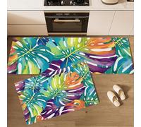 GDJSMIN Monstera Leaf Pattern Kitchen Rugs And Mats Non Skid Washable Set Of 2, Watercolor Plants Kitchen Floor Mats, Blue-Green Kitchens Runner Rug,44×70Cm+44×120Cm