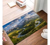GDJSMIN Mountain Scenery Doormat Decorative Door Mat Indoor,Rivers Grasslands Doormat Washable Floor Mat, Non Slip Entrance Rug For Kitchen Outdoor,Emerald Green,80 x 120 cm