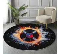 GDJSMIN Musical Elements Round Rugs Ø150Cm Living Room Non Slip Round Area Rug Short Pile Vinyl Records Bedroom Circle Carpet Washable Soft Floor Mat Rugs For Kids Room Decor,Black