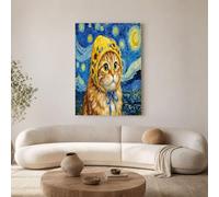 GDJSMIN Orange Cat Starry Night Pattern Canvas Wall Art Impressionist Oil Paintings Pictures Printed Poster Wall Decor For Bedroom Living Room Bathroom 80×120 Cm Frameless - Blue