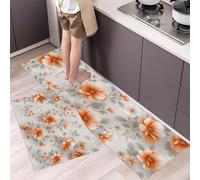 GDJSMIN Orange Flowers Gray Leaf Pattern Kitchen Rugs And Mats Non Skid Washable Set Of 2, Simple Floral Design Kitchen Floor Mats, Orange Kitchens Runner Rug,44×70Cm+44×120Cm