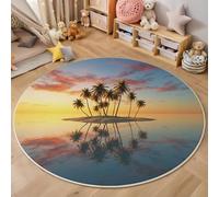 GDJSMIN Palm Trees Sunset View Round Rug For Living Room, 180Cm Machine Washable & Non-Slip Low Pile Carpet, Non-Shedding Tropical Islands Area Rug For Bedroom, Entryway, Bathmat, Orange