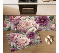 GDJSMIN Peony Green Leaf Pattern Kitchen Mats Set of 2, Plants Flowers Floor Area Runner Rugs Purple Kitchen Decor Accessories Stuff, 50×80cm+50×120cm