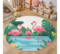 GDJSMIN Pink Rugs Living Room Round Large Rug,Non-Slip Carpet Rugs For Bedroom,3D Cartoon Illustration Washable Rug For Rooms (60Cm,Plants Flamingo Pattern)