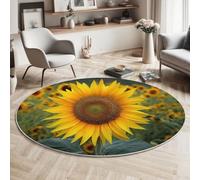 GDJSMIN Plants And Flowers Rugs Round Ø 180Cm Living Room Sunflower Fields Non-Slip Area Rug Round Machine Washable Floor Carpet Short Pile Soft Circle Rug For Bedroom Nursery,Yellow